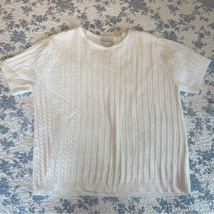 Vintage Crystal Kobe White Cable Knit Cotton Short Sleeve Sweater Size Large